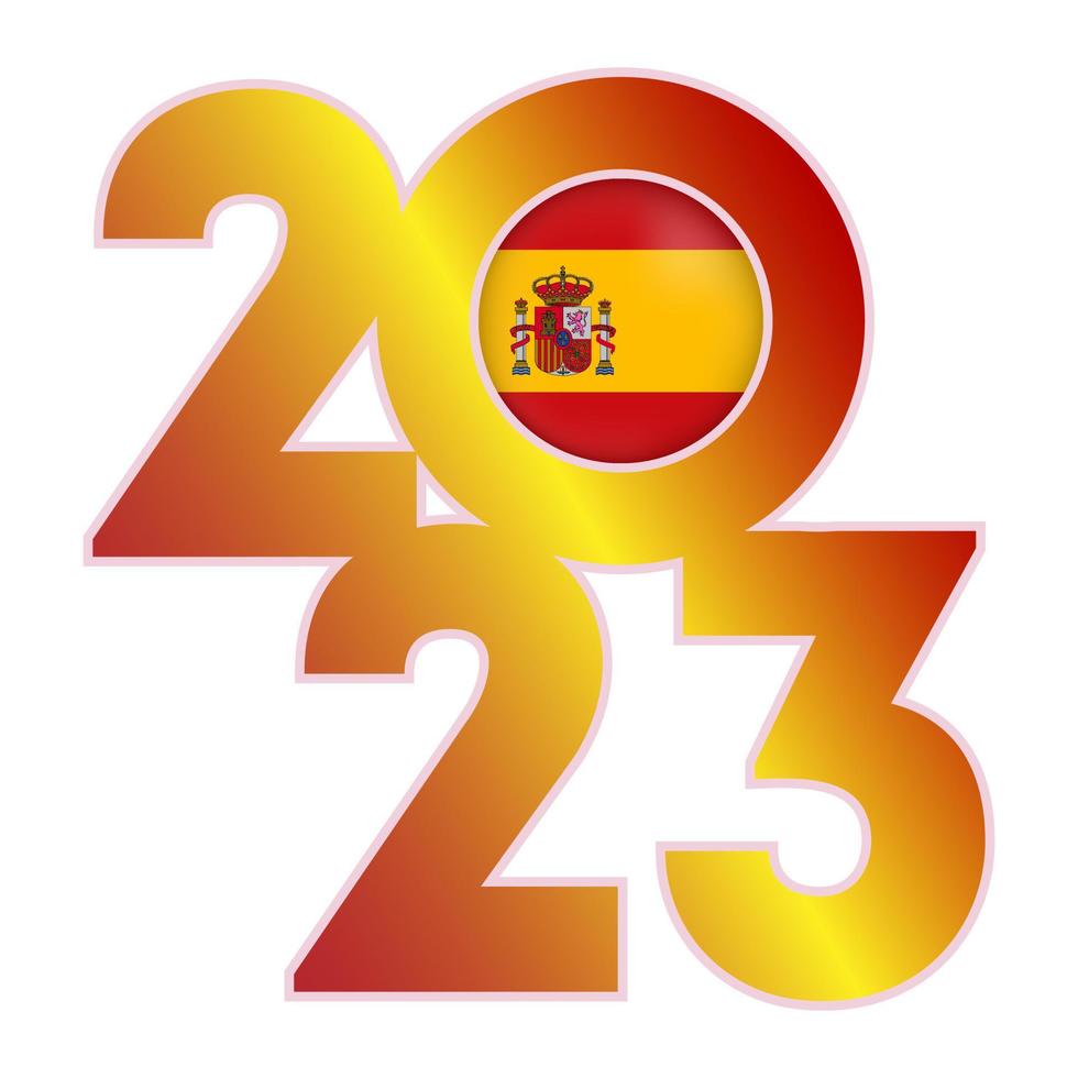 Happy New Year 2023 banner with Spain flag inside. Vector illustration.