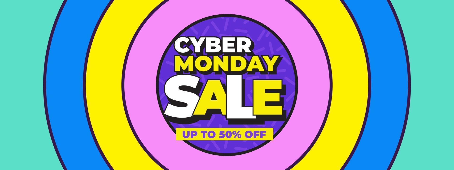 Cyber monday sale banner with 90's retro style vector illustration, background for media promotion web banner and social media post