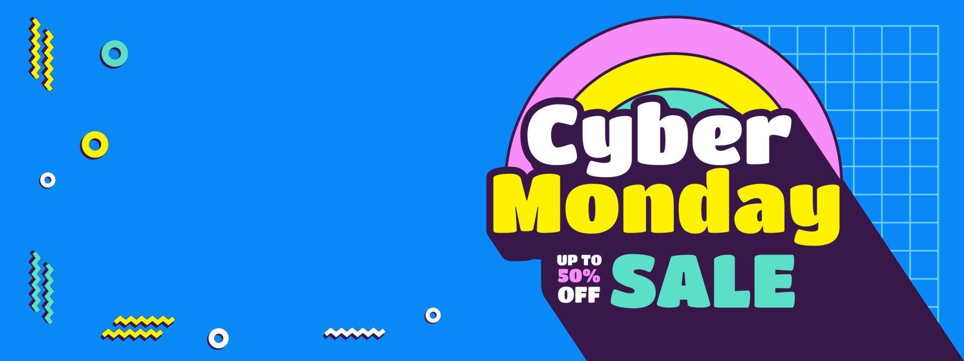 Cyber monday sale banner with 90's retro style vector illustration, background for media promotion web banner and social media post