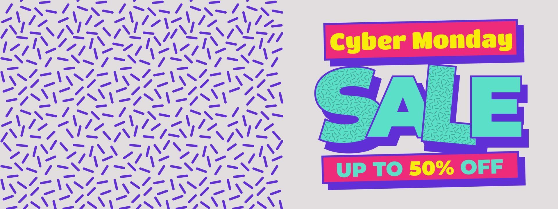 Cyber monday sale banner with 90's retro style vector illustration, background for media promotion web banner and social media post