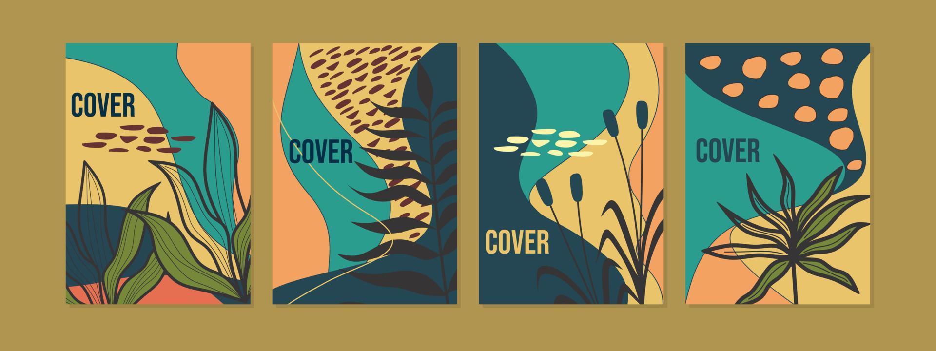 conjunto de diseño de portada botánica abstracta de 4 páginas en tamaño de diseño a4.fondo de dibujos animados dibujados a mano.para cuadernos, planificadores, folletos, libros, catálogos. vector