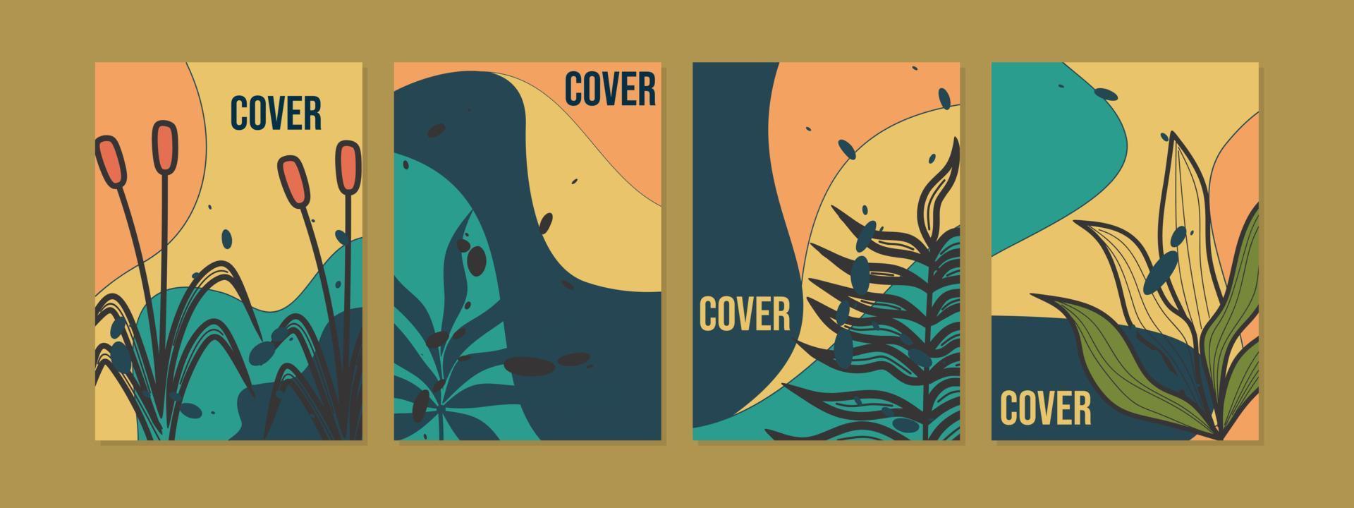 abstract botanical cover design set of 4 pages in A4 layout size.hand drawn cartoon background.For notebooks, planners, brochures, books, catalogs. vector