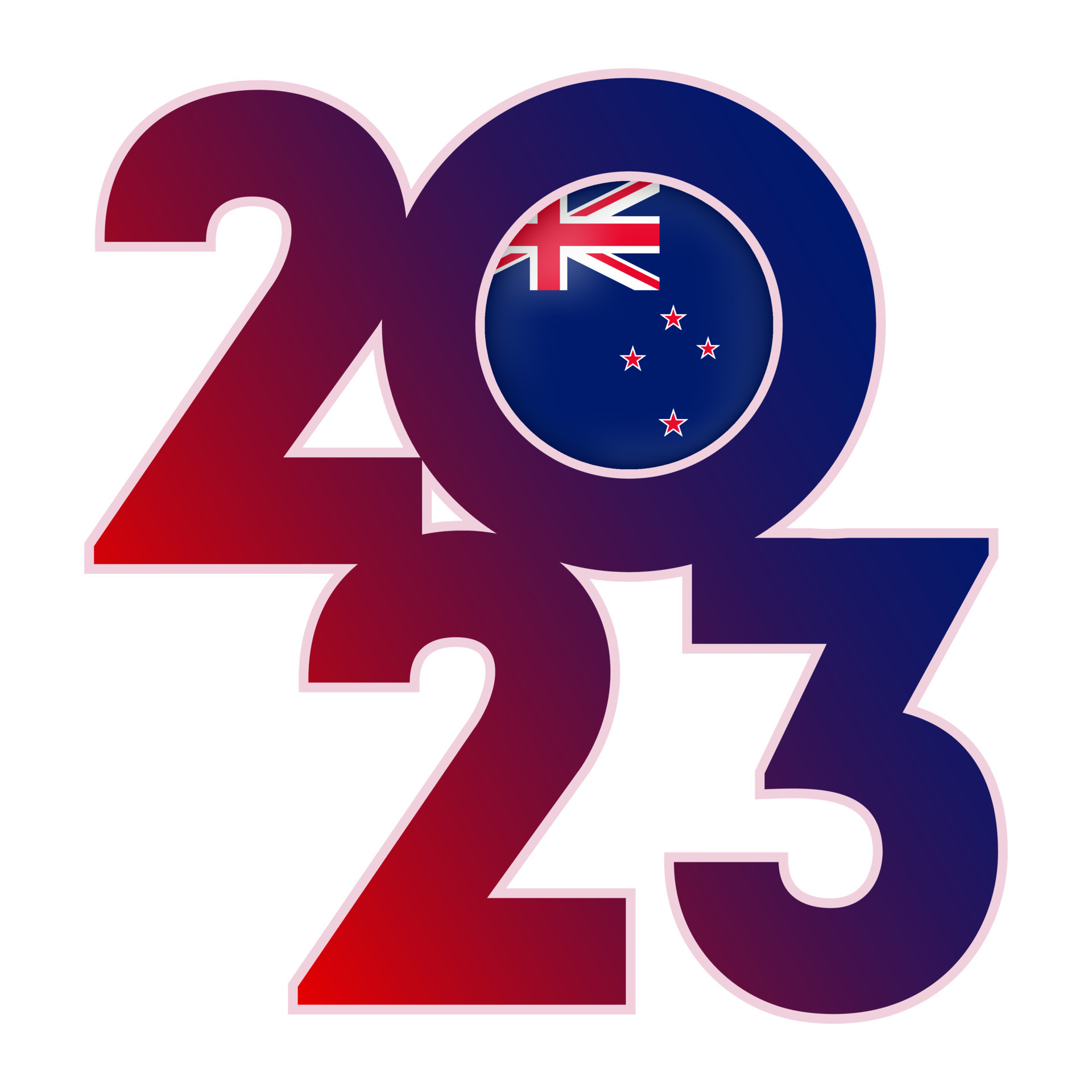 Happy New Year 2023 banner with New Zealand flag inside. Vector