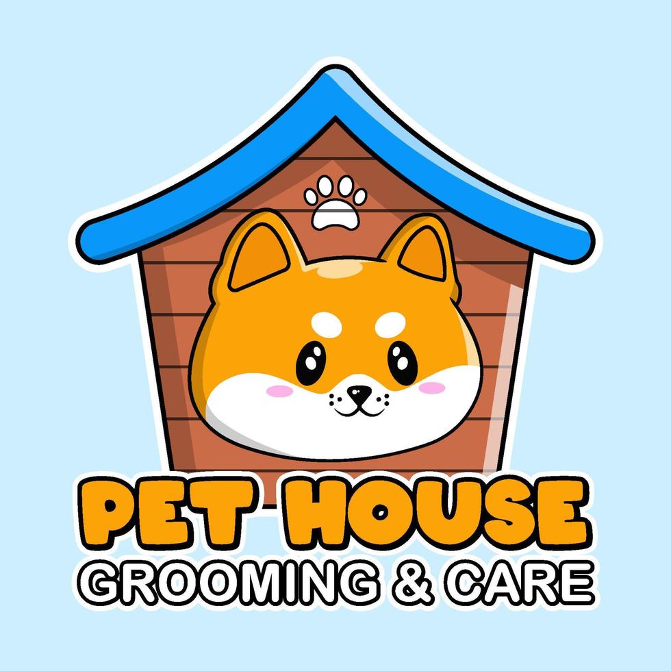 dog house cute shiba inu cartoon character pet shop illustration vector