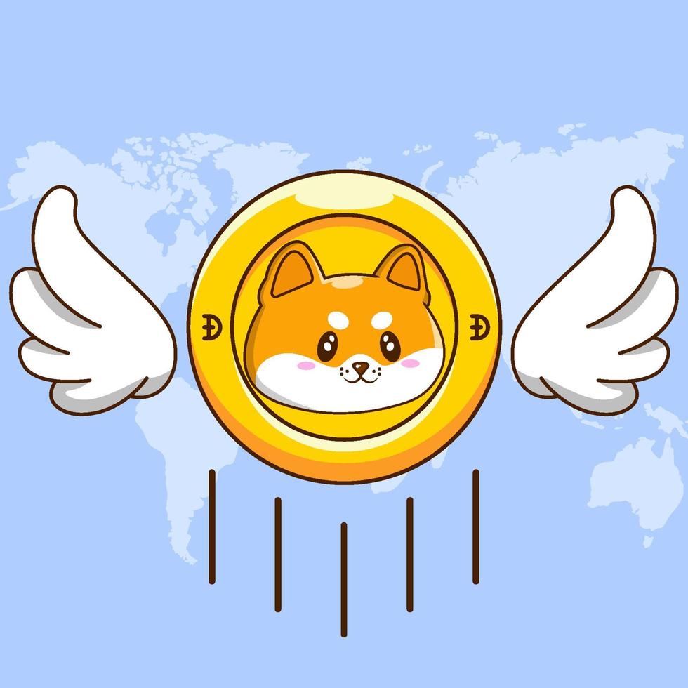 shiba inu moneda alas mundo mapa arriba precio estilo de dibujos animados plantilla vector