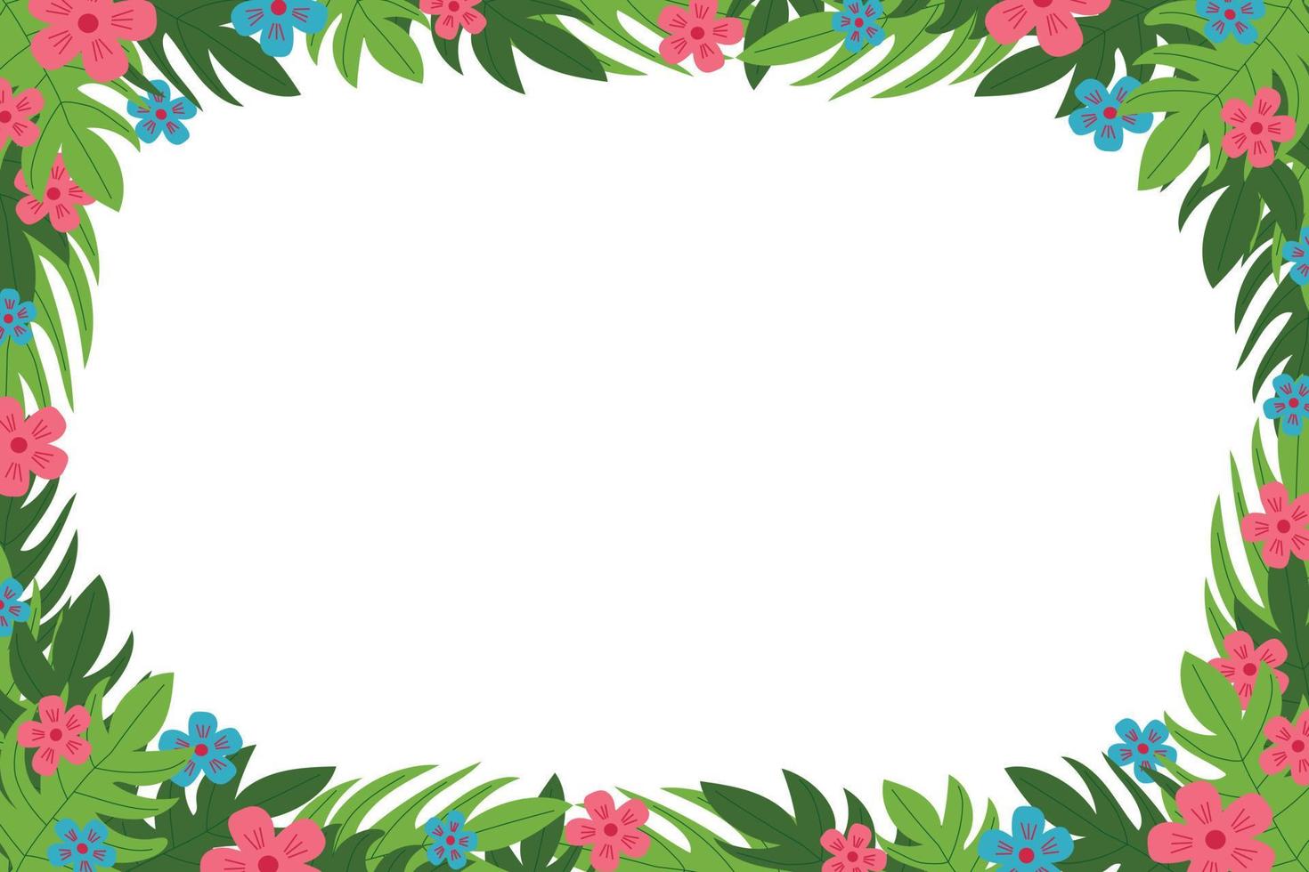 hojas tropicales y flores de estilo plano. banner de marco de borde de plantilla, tarjeta, póster, verano, vacaciones, espacio de copia, lugar para texto vector