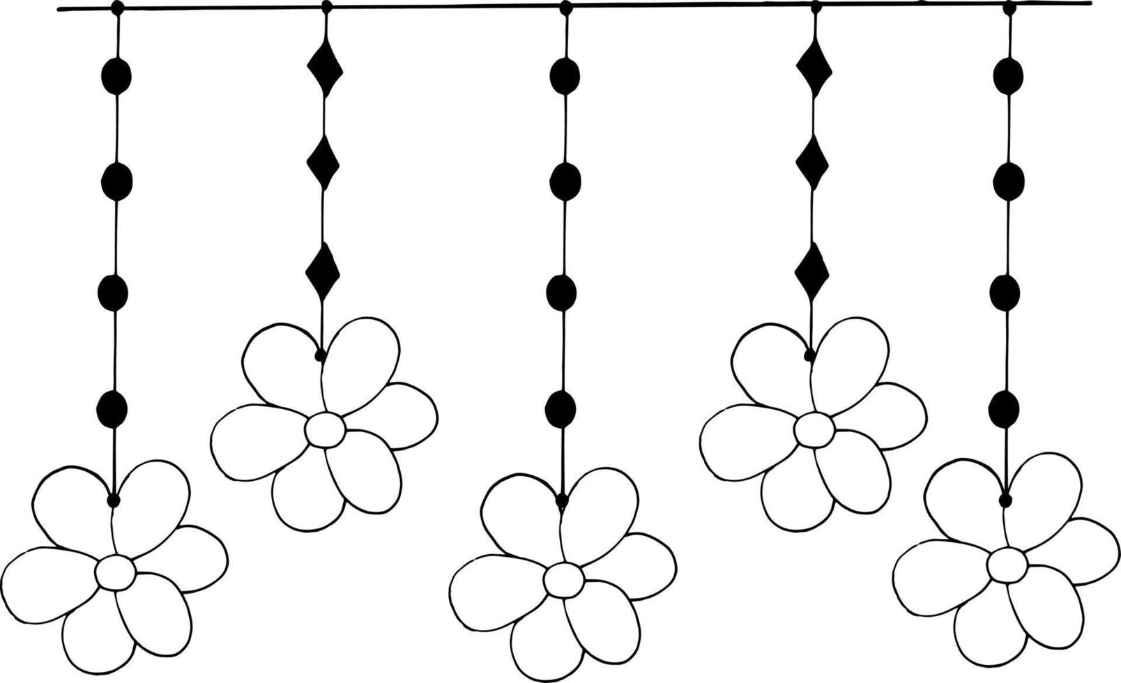 guirnalda con flores colgando pancarta, borde, marco, pegatina. bosquejo garabato dibujado a mano. minimalismo monocromático escandinavo. decoración de primavera verano vector