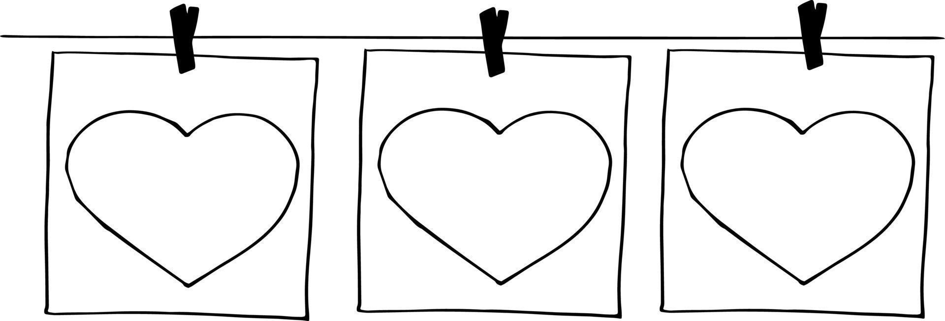 el corazón y el marco cuelgan de pinzas para la ropa en un bosquejo de hilo dibujado a mano. cartel de plantilla, tarjeta, decoración, monocromo, minimalismo, amor, día de san valentín vector