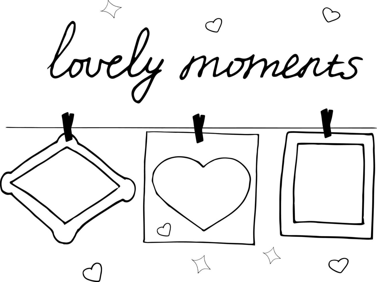 frames and heart hang on clothespins on a thread and lettering lovely moments sketch hand drawn doodle. template decor, , monochrome, love, valentine day vector