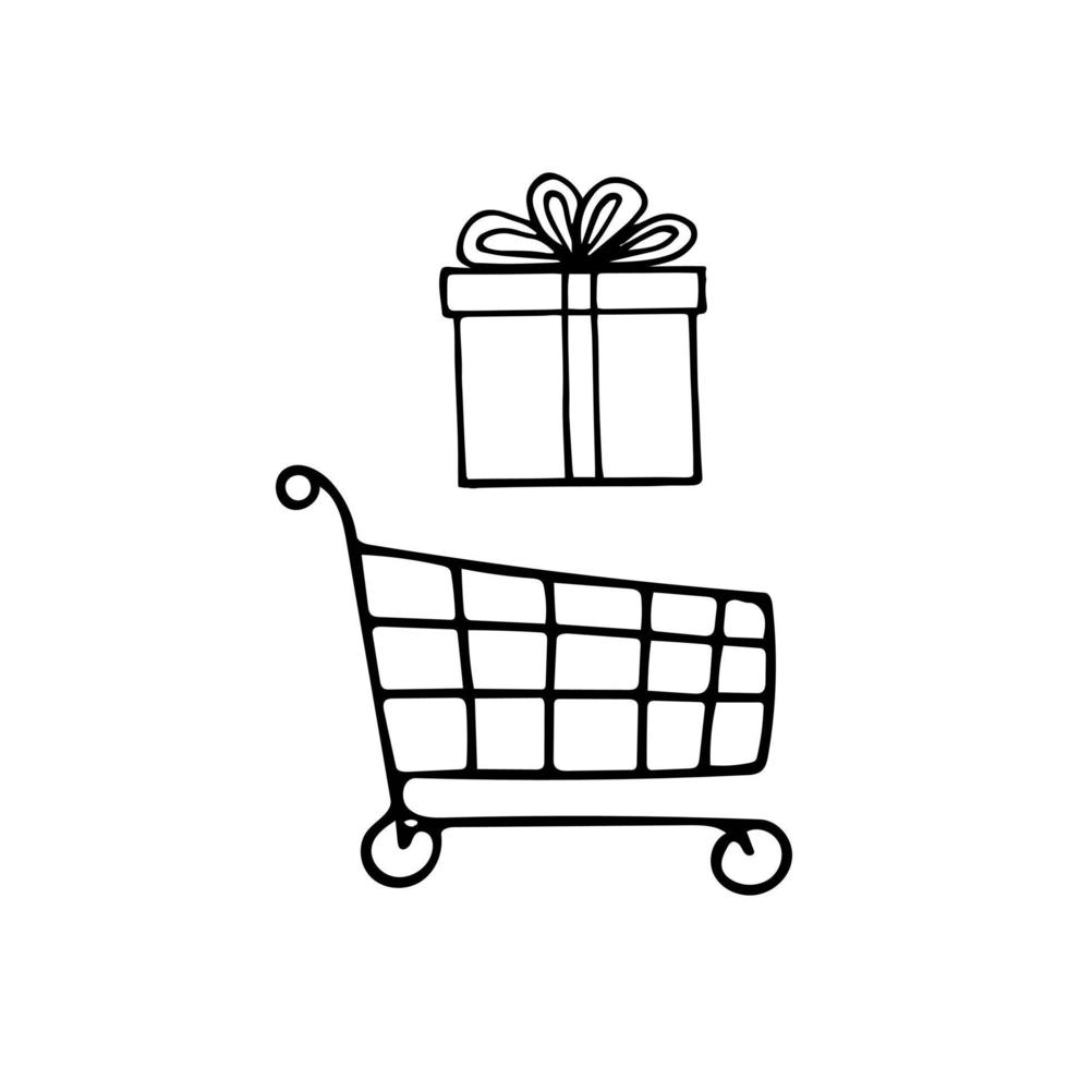 shopping cart and gift box hand drawn doodle. , minimalism, scandinavian, monochrome, nordic, sketch. banner, card flyer poster purchase sale vector