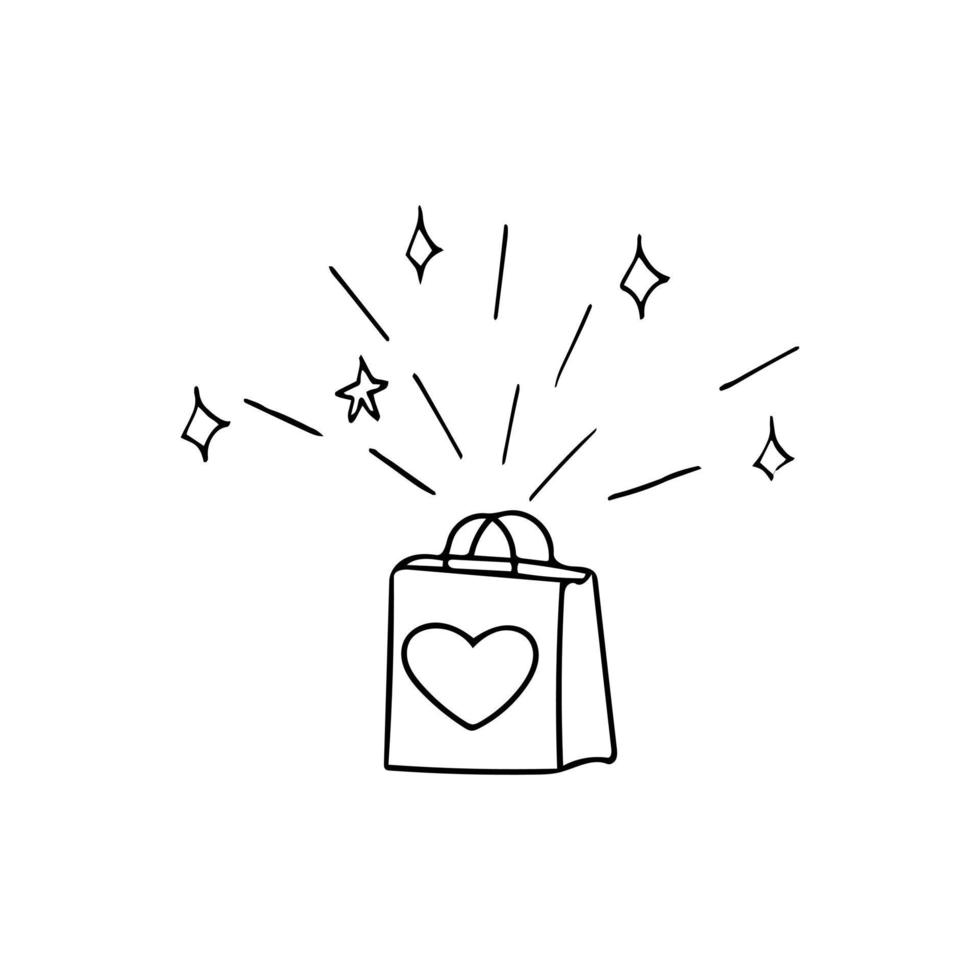 bolsa de compras con corazón, garabato dibujado a mano de fuegos artificiales. , minimalismo, escandinavo, monocromo, cartel de tarjeta de banner de boceto nórdico vector