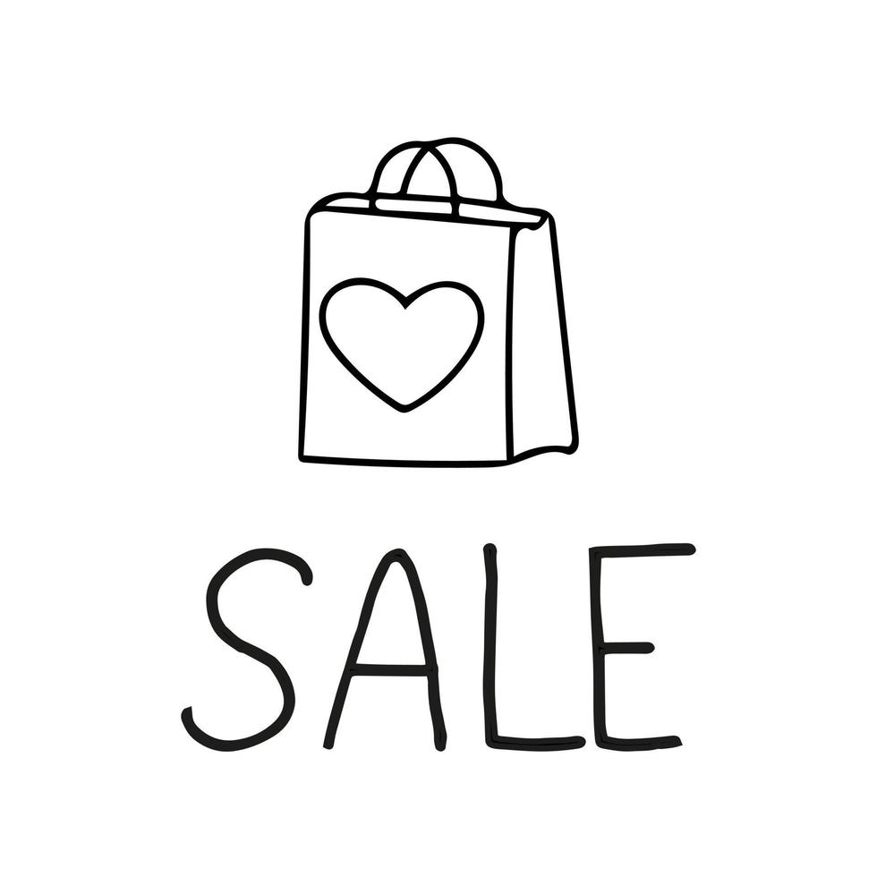 shopping bag with heart and text Sale hand drawn doodle. , minimalism, scandinavian, monochrome, nordic, sketch. banner, card flyer poster vector