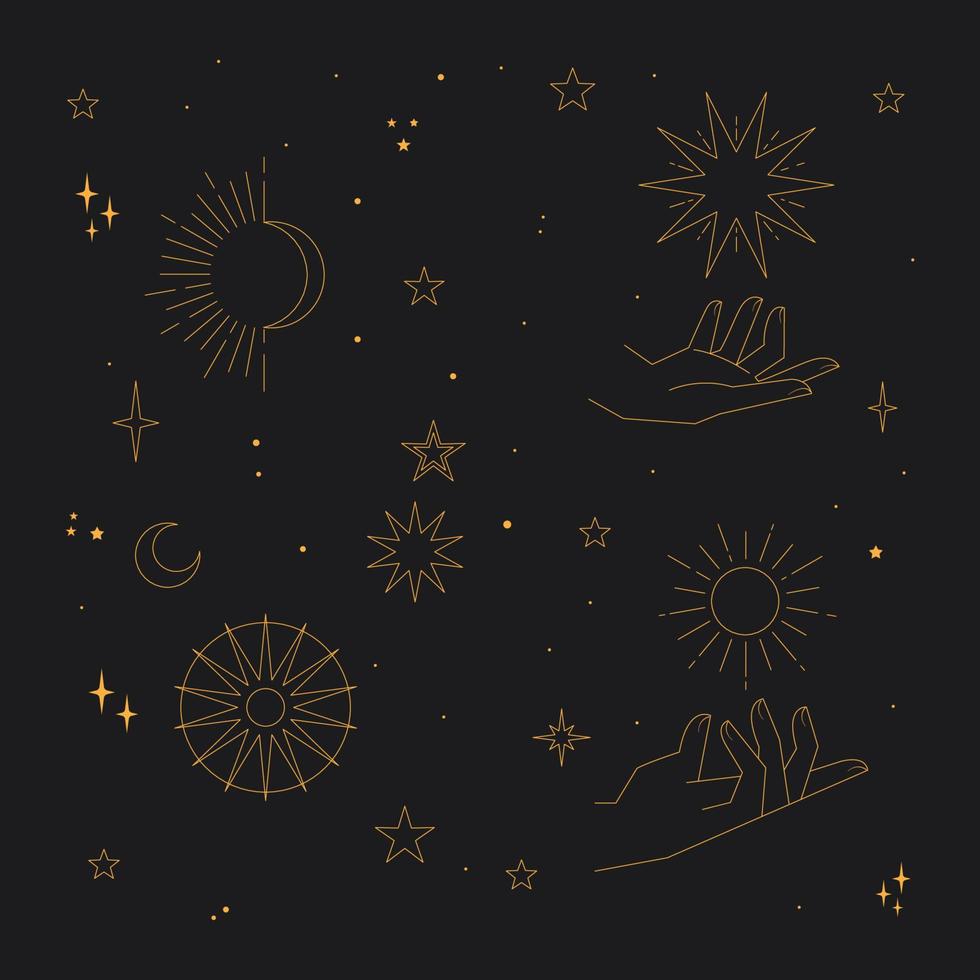 Astral stars linear icons. Mystic symbols, hands, planets, suns and moons. vector