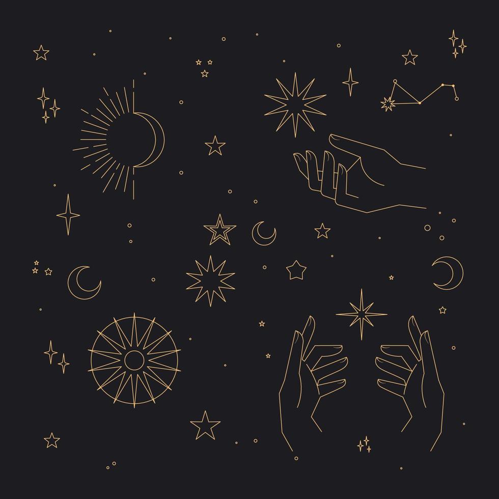 Astral stars linear icons. Mystic symbols, hands, planets, suns and moons. vector