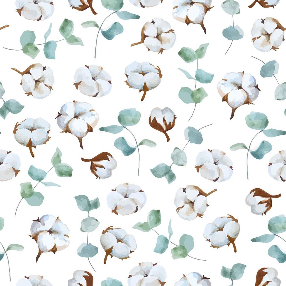 Watercolor seamless pattern cotton and eucalyptus hand drawn vector