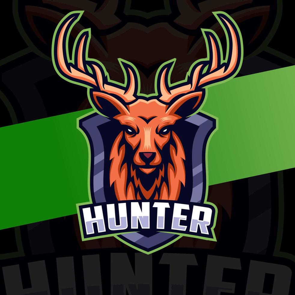 diseño del logotipo del personaje de la mascota de la cabeza de ciervo del cazador con insignia para la idea del logotipo del cazador vector