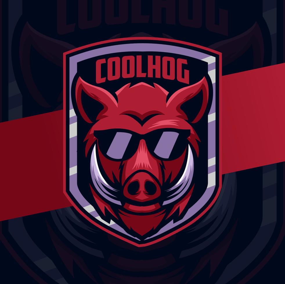 boar hog head mascot character logo design with badge and glasses vector