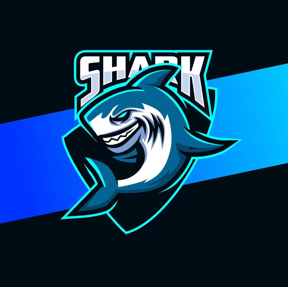 aggressive mad shark mascot character logo design with badge for sport game vector