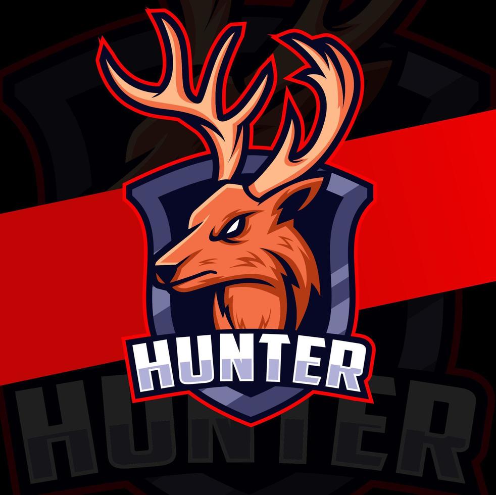 hunter deer head mascot character logo design with badge for hunter logo idea vector