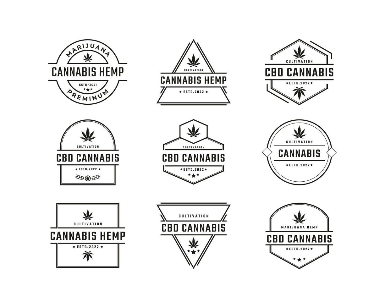 emblema de insignia retro vintage cannabis marihuana cáñamo rectángulo diseño de logotipo estilo lineal vector