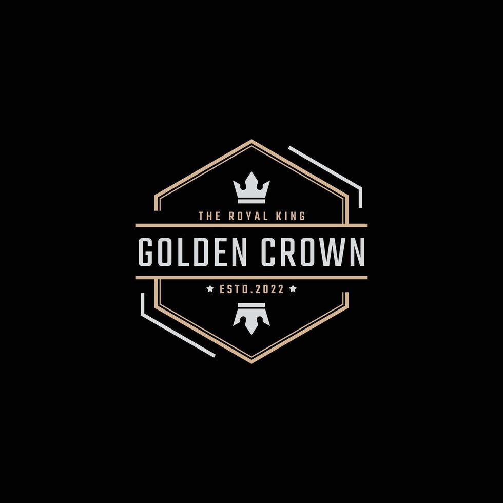 Golden King Crown Royal Vintage Retro Classic Luxury Label Logo Design Linear Style vector