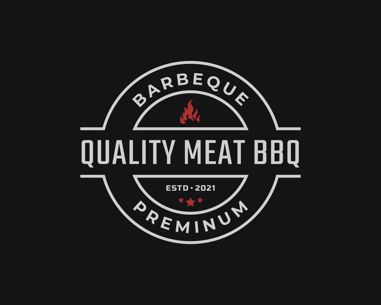 Vintage Retro Badge Emblem Rustic Stamp with Fire Flame for Traditional BBQ Barbecue Logo Design Linear Style vector