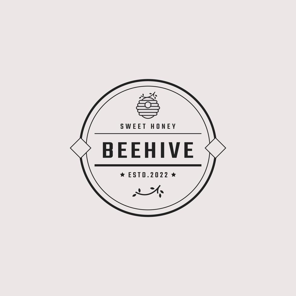 Vintage Retro Badge Emblem Honey Bee Hive Logo Design Linear Style. Vector Illustration