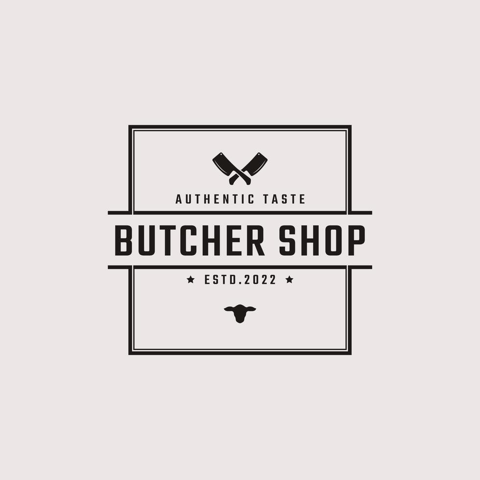 Vintage Retro Badge Emblem Crossed Cleaver Knife with Angus Head for Butcher shop Logo Design Linear Style vector