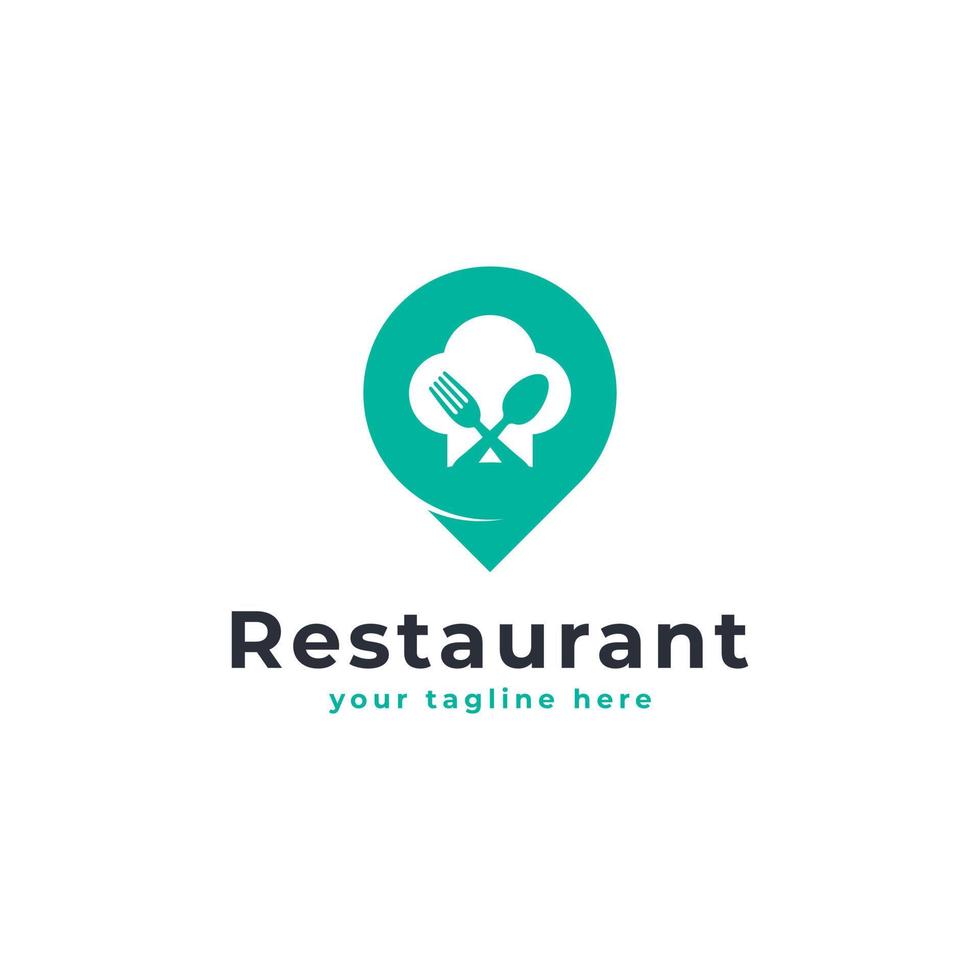 logotipo del punto de comida. toque blanco y combinación de logotipo de ubicación de pin. adecuado para el icono del restaurante vector