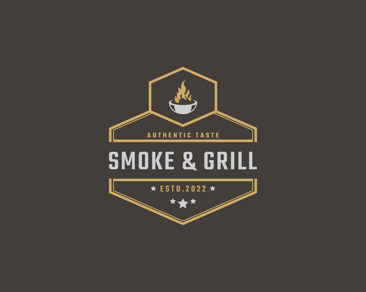 Vintage Retro Badge Emblem Grill Barbeque BBQ Fire flame Logo Design Linear Style vector