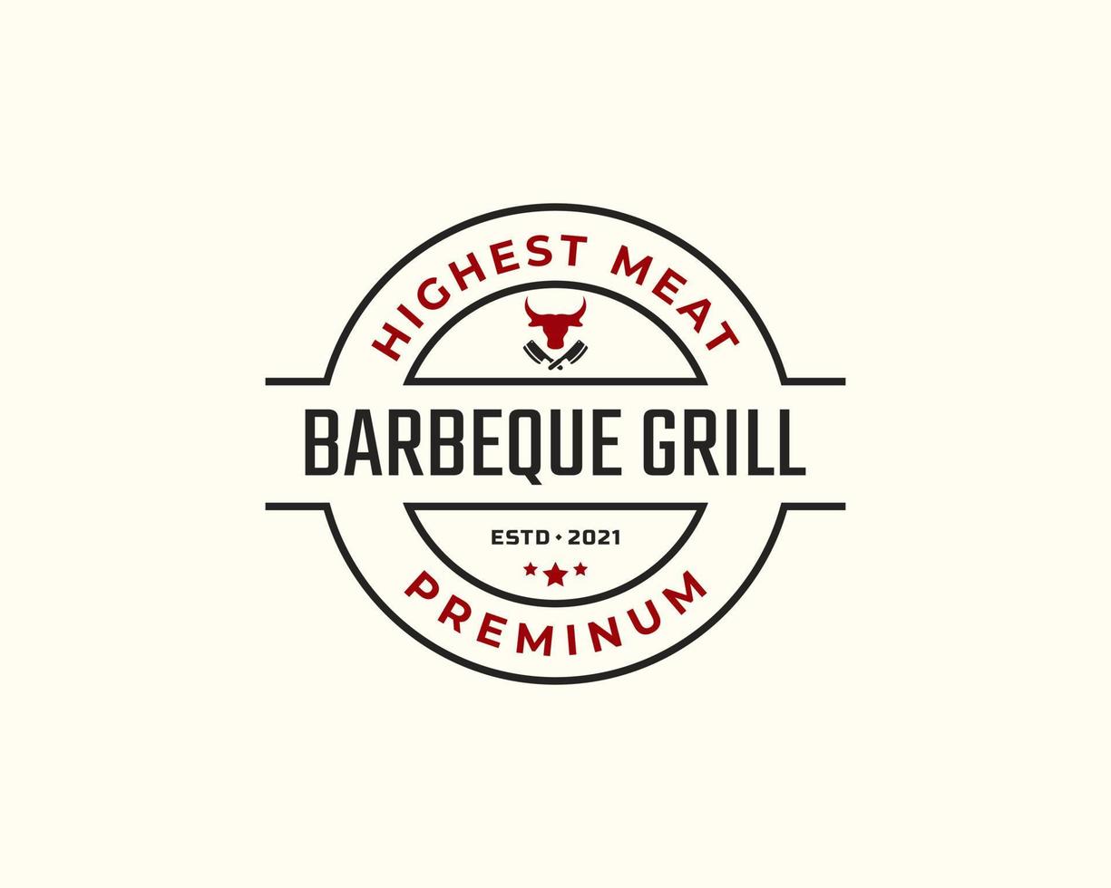 Vintage Retro Badge Emblem Rustic BBQ Grill Barbecue, Barbeque Label Stamp Logo Design Linear Style vector