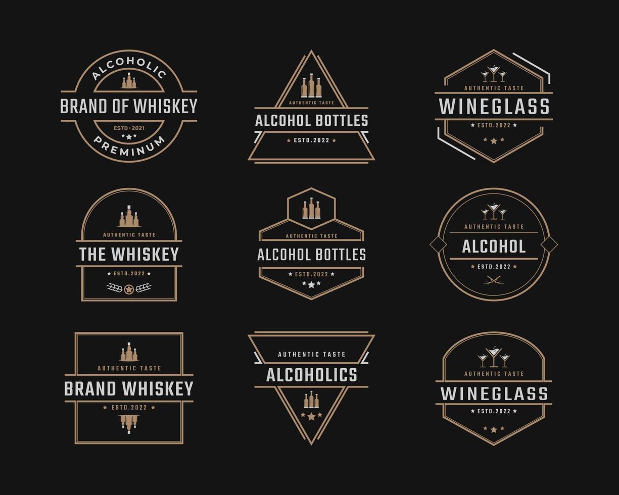 Vintage Retro Badge Emblem Beverage, Wine Glasses, Bottles, Beer, Drinks, Restaurant Logo Design Linear Style vector