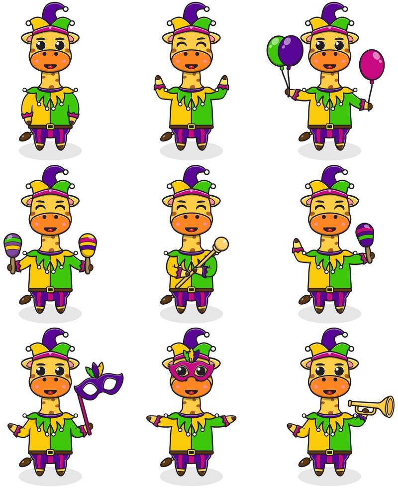 ilustración vectorial jirafa con ropa de mardi gras en diferentes poses aisladas en fondo blanco. una ilustración de dibujos animados de una jirafa mardi gras. bufón de mardi gras, conjunto. vector