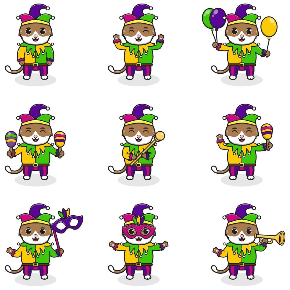 ilustración vectorial gato con ropa de mardi gras en diferentes poses aisladas en fondo blanco. una ilustración de dibujos animados de un gato mardi gras. bufón de mardi gras, conjunto. vector