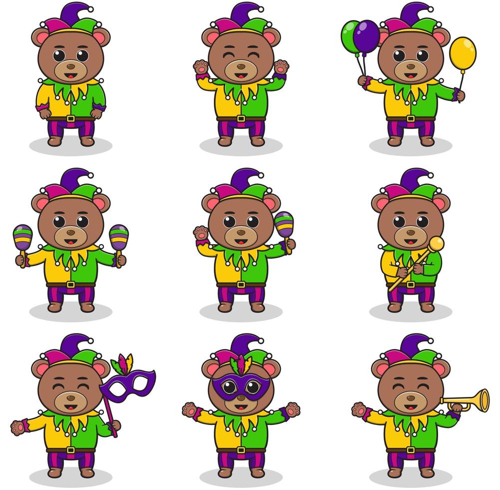 Vector illustration Bear wearing mardi gras clothes in different poses isolated on white background. A cartoon illustration of a Mardi Gras Bear. Mardi Gras jester, set.