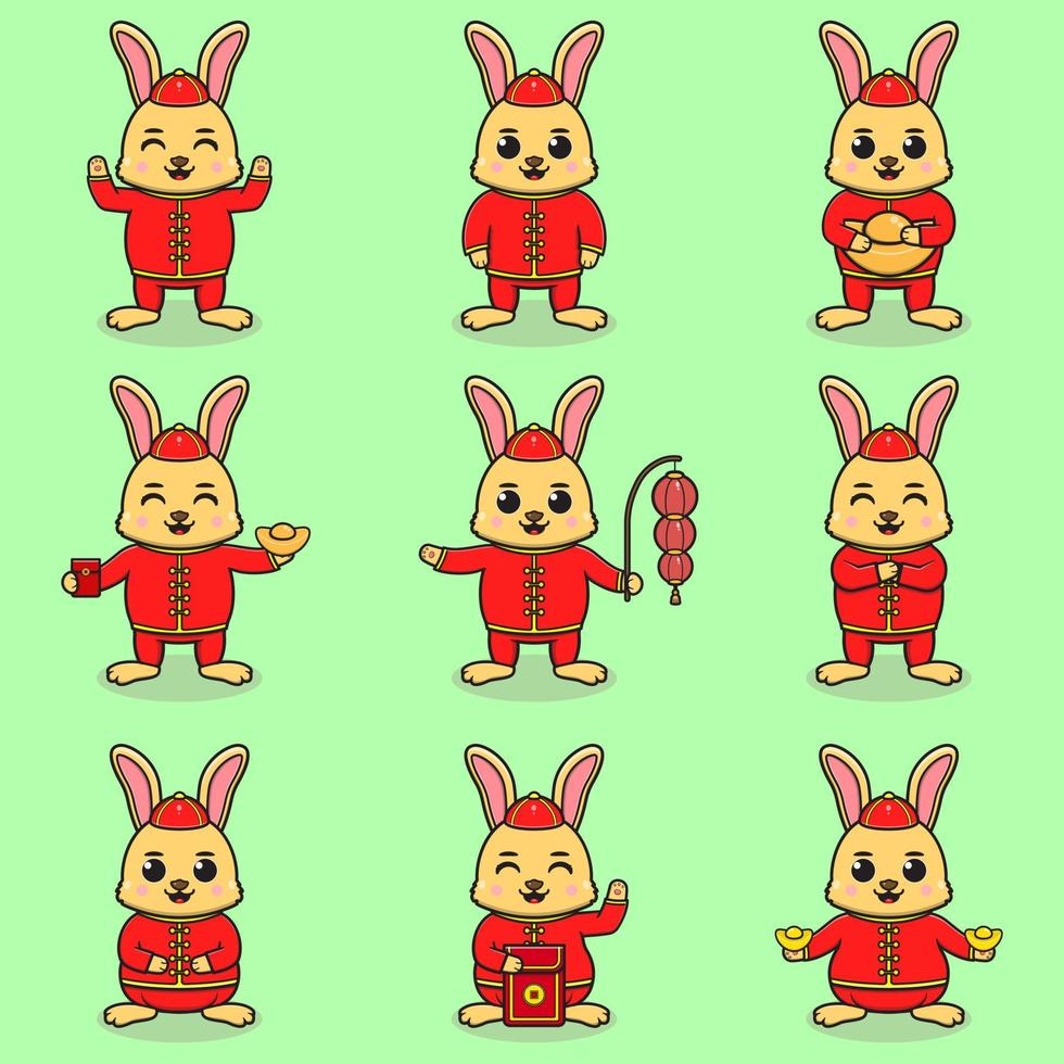 Happy Chinese new year with cute rabbit in red costume. The year of rabbit. A baby in rabbit costume and bunny hold ingots. Flat vector illustration. Animal holidays cartoon character