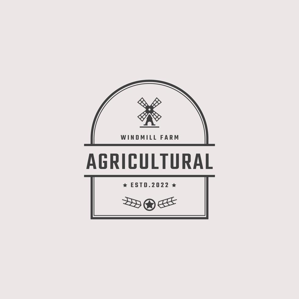 Vintage Retro Badge Emblem Agricultural Windmill Bakery Organic Wheat Logo Design Linear Style. Monochrome Countryside Alternative Power Wind Mill Energy Ecology Rural Production Mark vector
