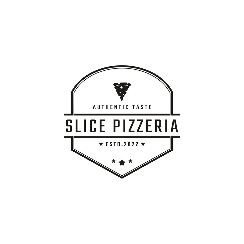 Vintage Retro Badge Emblem Pizza Slice, Pizzeria Restaurant Bar Bistro Logo Design Linear Style vector