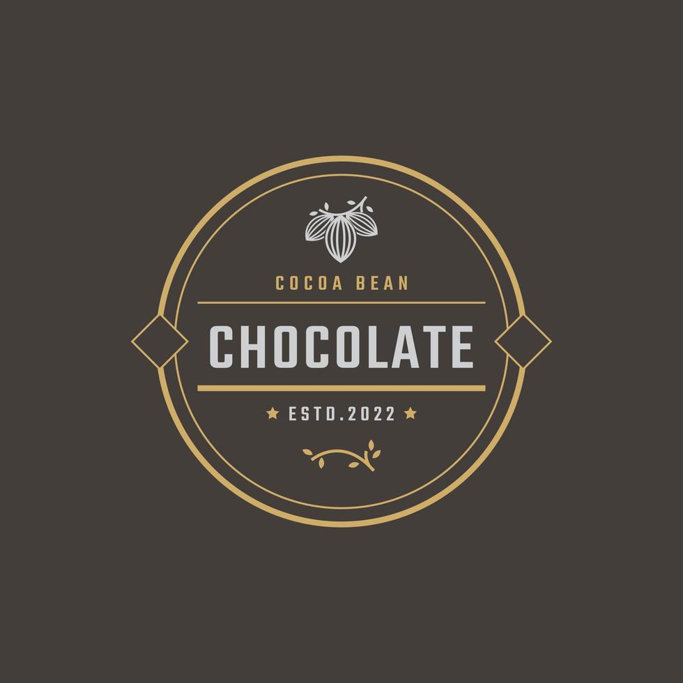 emblema de insignia retro vintage chocolate con diseño de logotipo de grano de cacao estilo lineal vector
