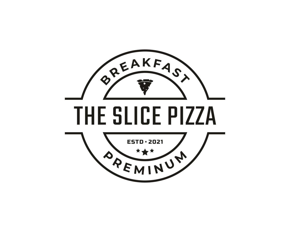 emblema de insignia retro vintage rebanada de pizza, pizzería restaurante bar bistro diseño de logotipo estilo lineal vector