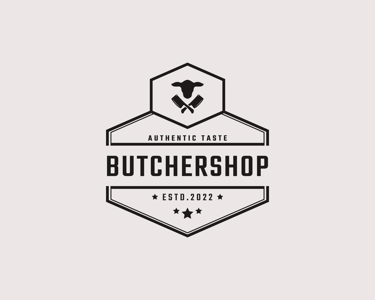 Vintage Retro Badge Emblem Crossed Cleaver Knife with Angus Head for Butcher shop Logo Design Linear Style vector