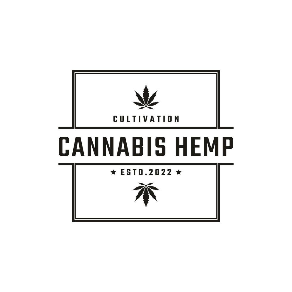 emblema de insignia retro vintage cannabis marihuana cáñamo rectángulo diseño de logotipo estilo lineal vector