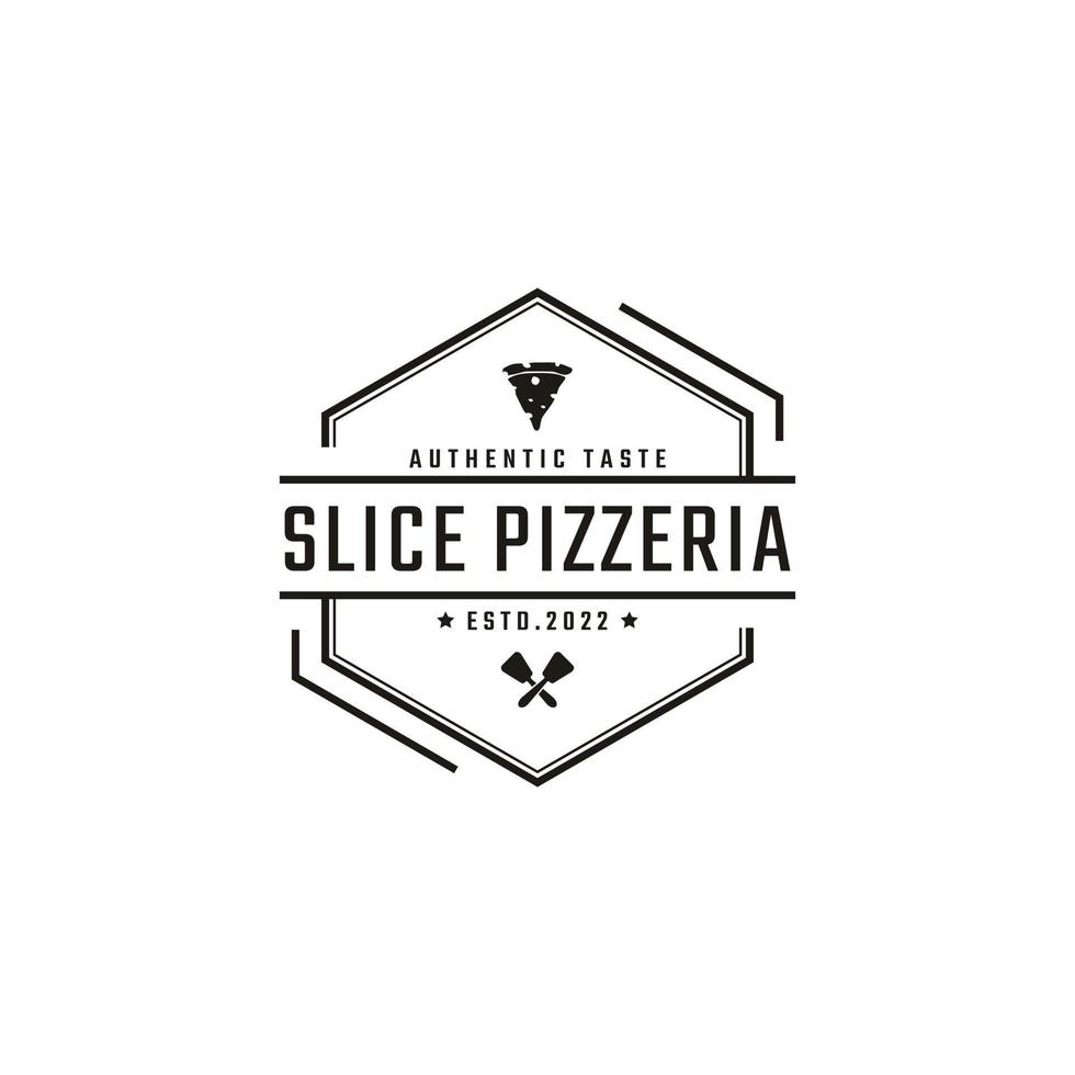 emblema de insignia retro vintage rebanada de pizza, pizzería restaurante bar bistro diseño de logotipo estilo lineal vector