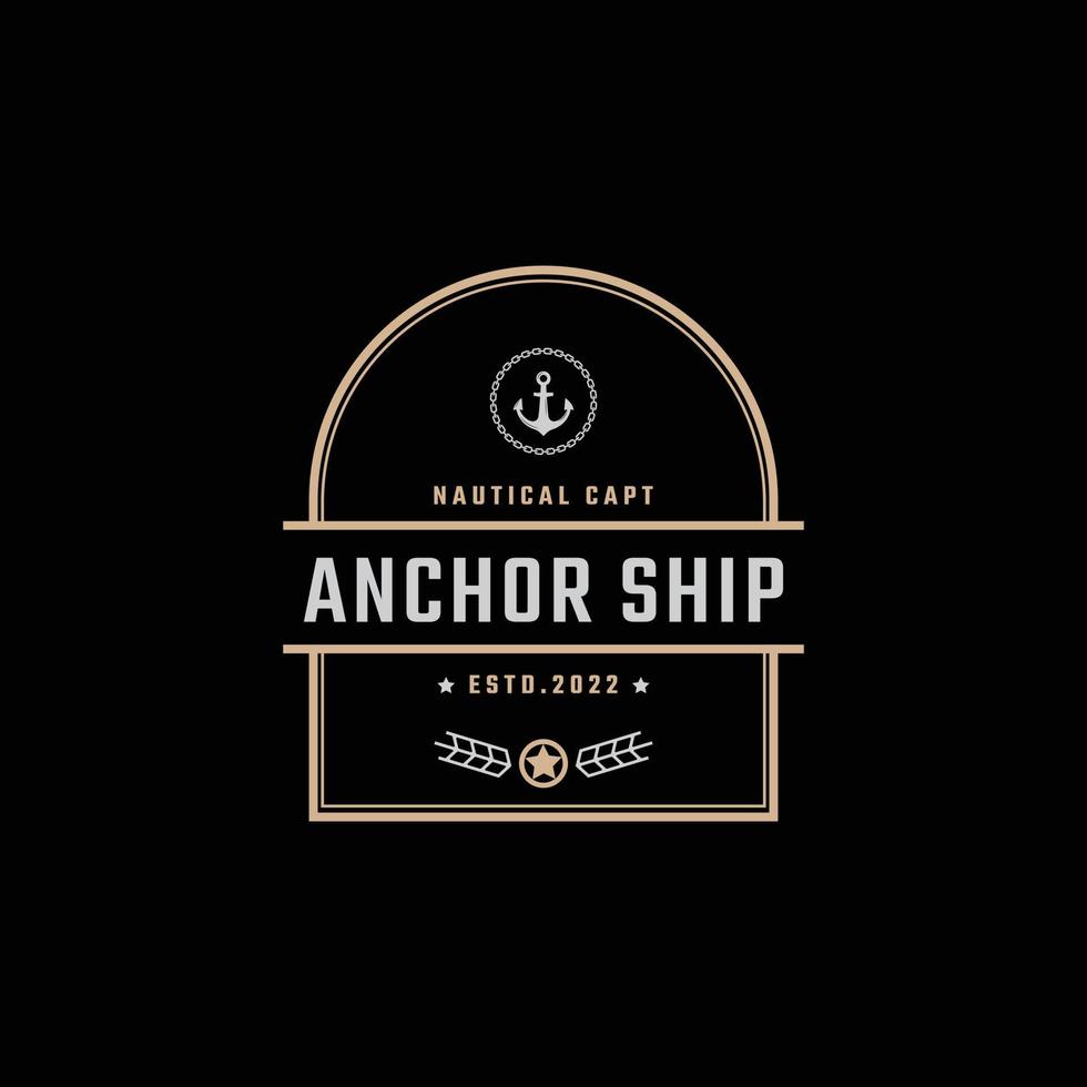 Vintage Retro Badge Emblem Anchor Ship Boat Logo Design Linear Style on Black Background vector