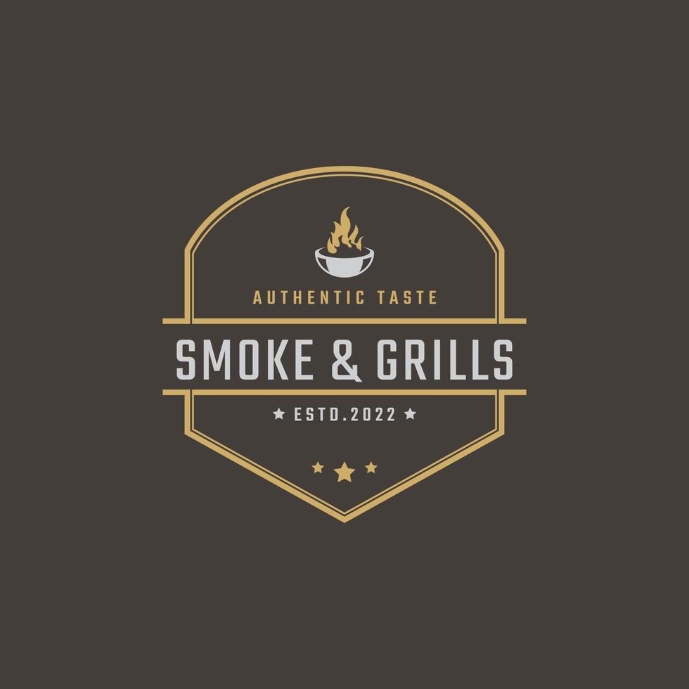 insignia retro vintage emblema parrilla barbacoa fuego llama diseño de logotipo estilo lineal vector