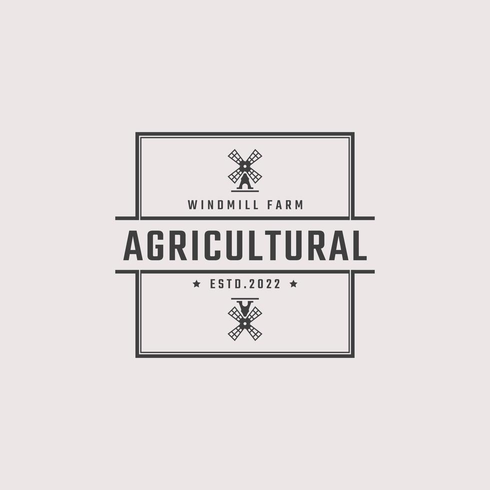 Vintage Retro Badge Emblem Agricultural Windmill Bakery Organic Wheat Logo Design Linear Style. Monochrome Countryside Alternative Power Wind Mill Energy Ecology Rural Production Mark vector