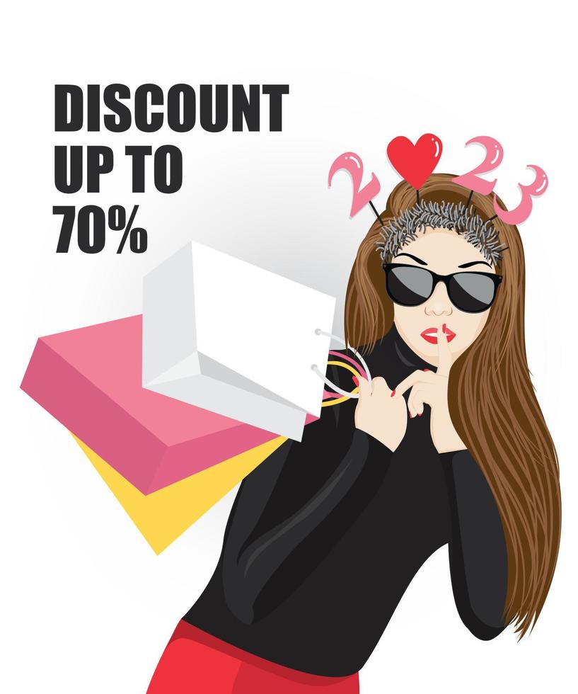 woman holds finger on lips. Discount, sale, season sales vector