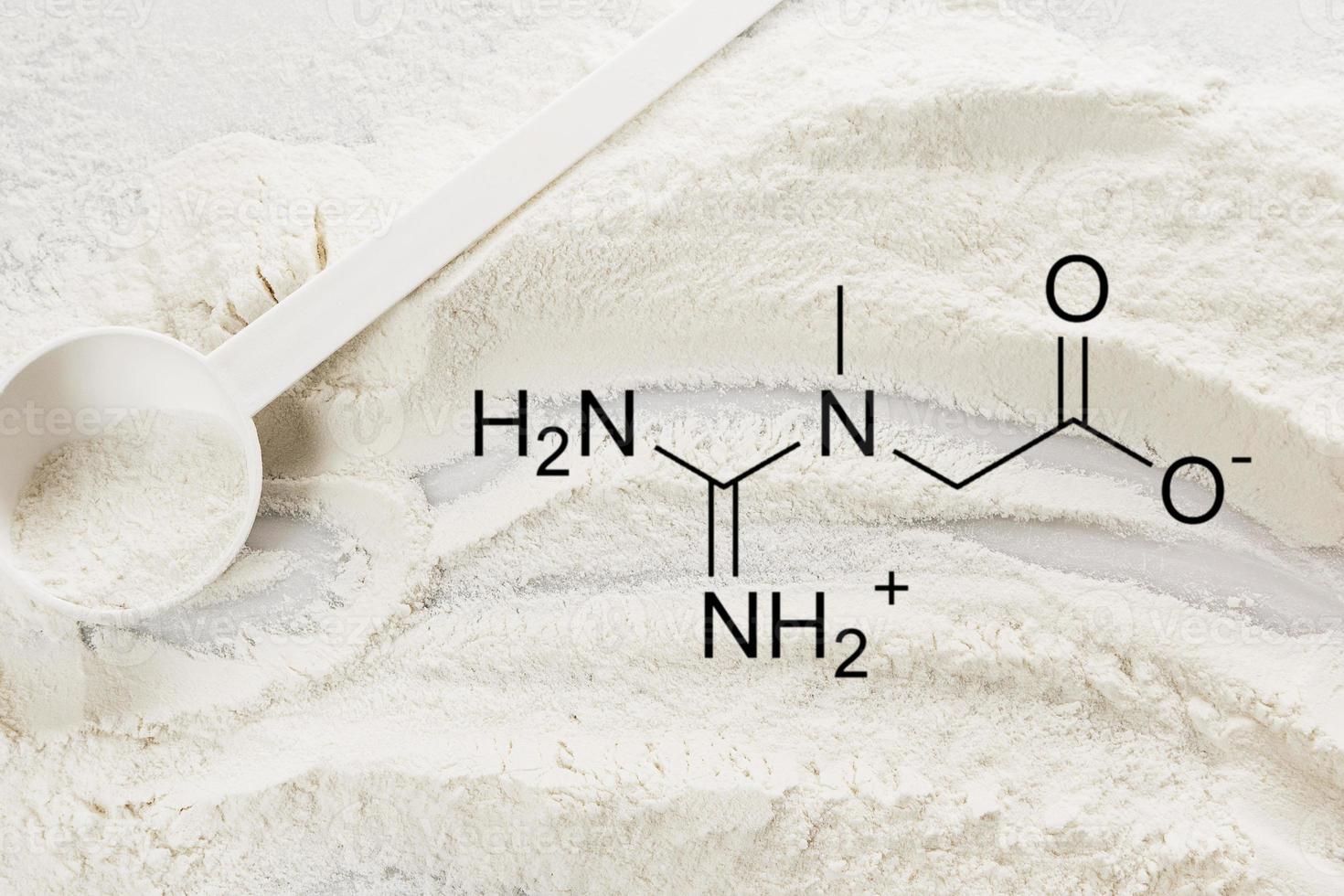 Scoop of creatine monohydrate supplement and chemical formula photo