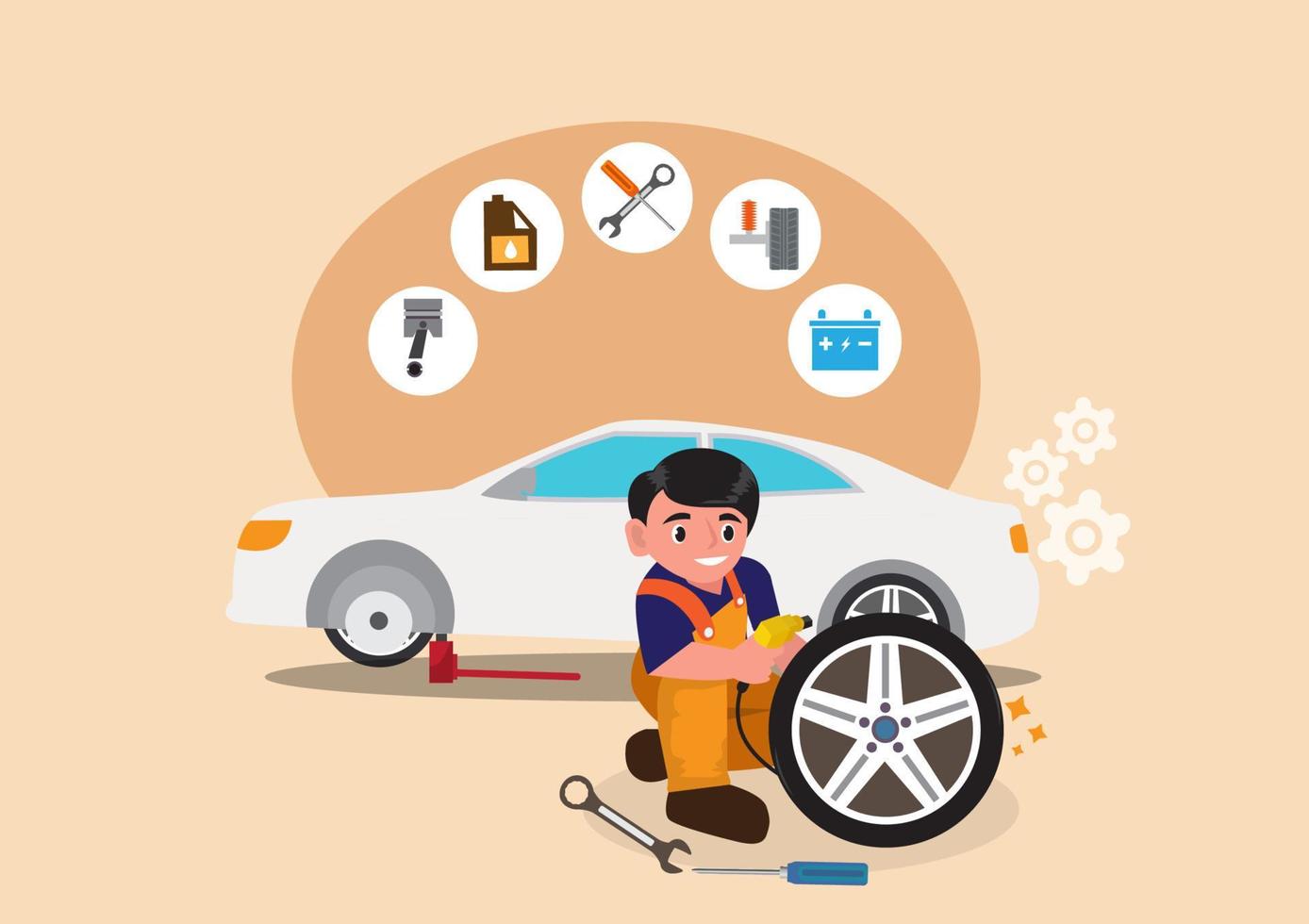 tire repair and change service shop with car mechanic service to car with flat tire. vector illustration