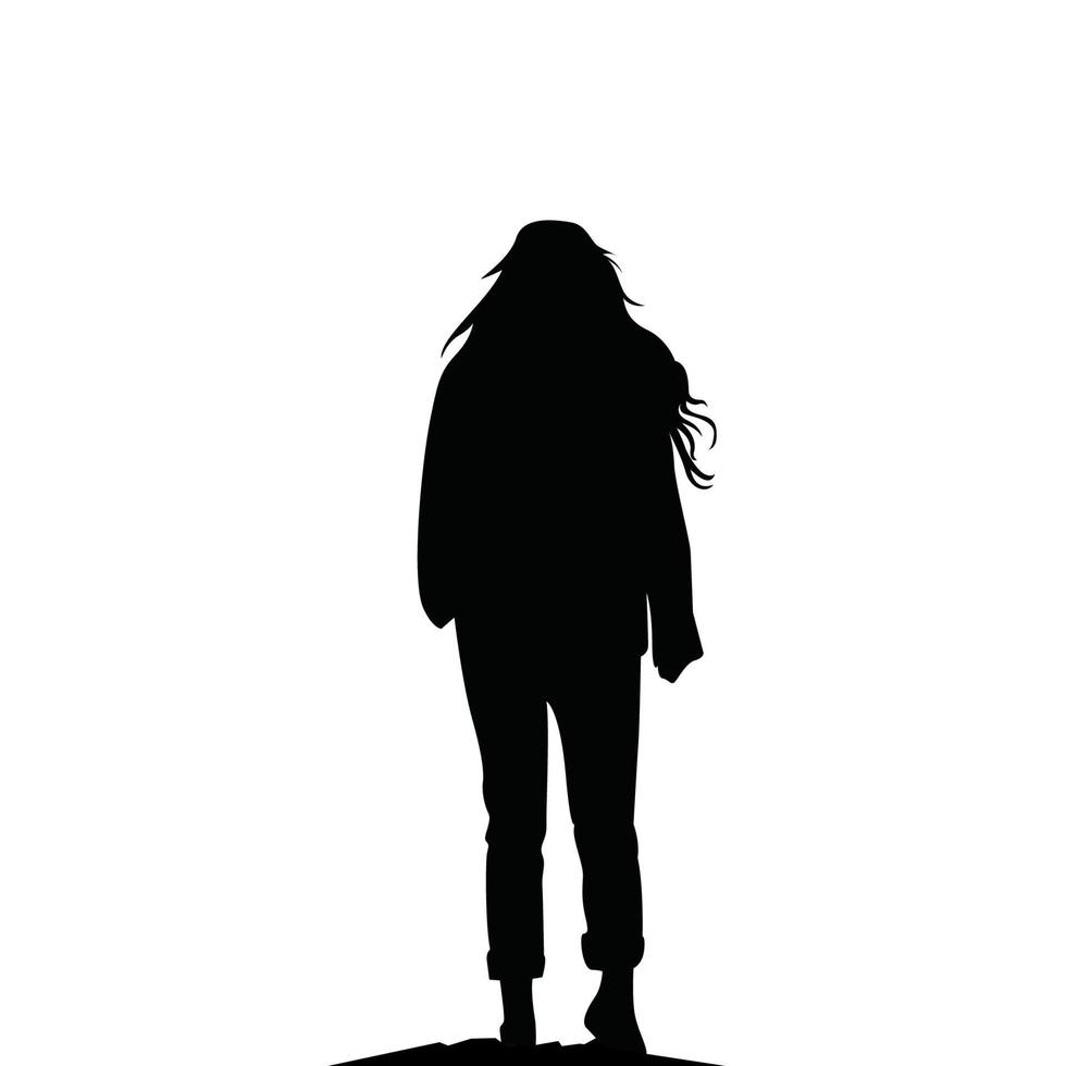 silhouettes of people. girl with raised hands silhouette. woman silhouette. walk alone silhouette. happy woman. female with hoodie. adventure girl. vector